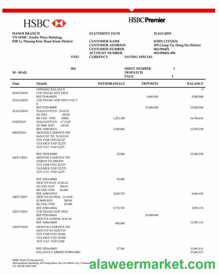 Vietnam HSBC bank statement